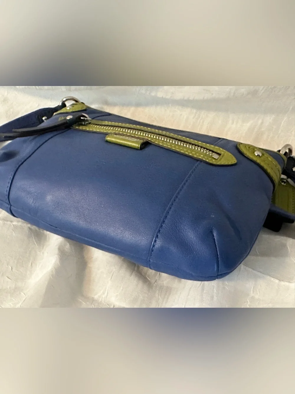 COACH Daisy Spectator Blue Leather Shoulder Bag with Olive Green Trim